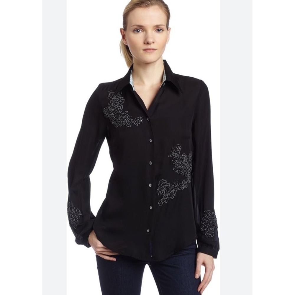 Robert Graham Women's L Sierra Embellished Sheer Button Down 100% Silk